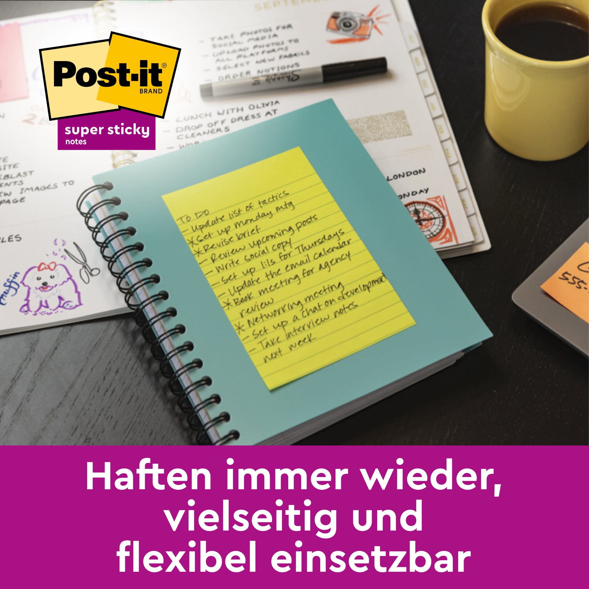 Auf einem Schreibtisch mit Papieren, Stift, Kaffeetasse und Laptop liegt ein spiralgebundenes Notizbuch mit Post-it® Super Sticky Notes im Großformat von 3M Deutschland GmbH - vielseitig, wiederverwendbar und PEFC-zertifiziert.