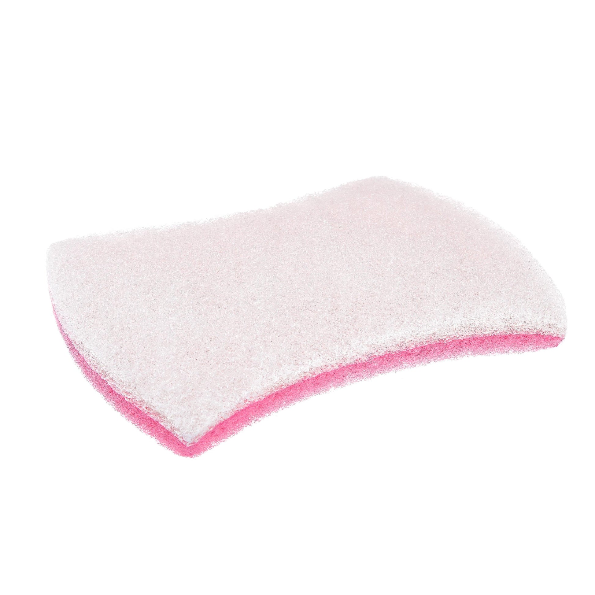Eine Nahaufnahme des Scotch-Brite® Bath XXL Reinigungsschwamm für das Bad von 3M Deutschland GmbH, ein rosa-weißer gebogener Reinigungsschwamm, fotografiert auf weißem Hintergrund (1 Stück pro Packung).