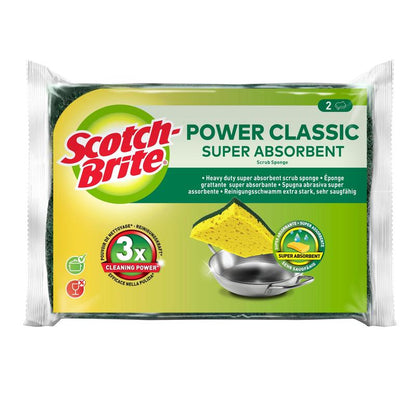 Um pacote de esponjas de limpeza Scotch-Brite® Classic da 3M Deutschland GmbH em verde e branco, com duas esponjas amarelo-verdes e uma panela, destaca a "força de limpeza tripla" e contém 2 unidades.