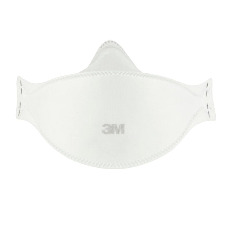 A máscara de partículas confortável 3M™ Aura™ 9320+ FFP2, sem válvula, da 3M Deutschland GmbH é vista sobre um fundo branco. A máscara plana e contornada exibe o logotipo 3M no centro. Embalagem: 1 peça (também disponível em pacote de 3).