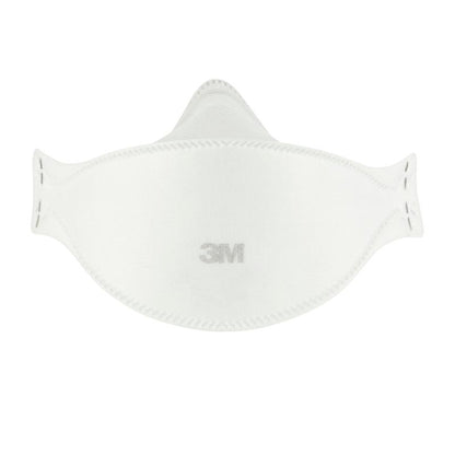 A máscara de partículas confortável 3M™ Aura™ 9320+ FFP2, sem válvula, da 3M Deutschland GmbH é vista sobre um fundo branco. A máscara plana e contornada exibe o logotipo 3M no centro. Embalagem: 1 peça (também disponível em pacote de 3).