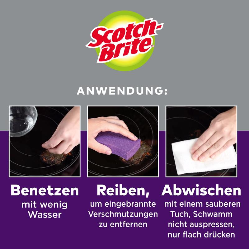 Três passos para a limpeza com a esponja de limpeza para vitrocerâmica Scotch-Brite™ (3M Deutschland GmbH): 1) Umidificar a superfície de vitrocerâmica. 2) Esfregar queimaduras com a esponja de limpeza. 3) Limpar com um pano - não pressionar a esponja plana.