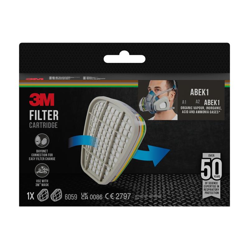 Um cartucho de filtro 3M™ 6059, filtro combinado ABEK1 (1 par/pacote) da 3M Deutschland GmbH é ilustrado com imagem do produto, número do modelo, uma pessoa com máscara de proteção respiratória e mais de 50 anos de experiência em proteção respiratória na embalagem.
