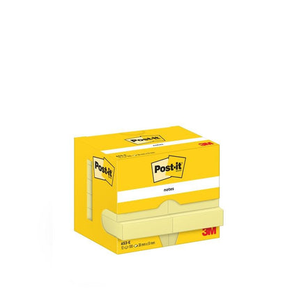 Uma caixa amarela de Post-it® Notes da 3M Deutschland GmbH, 38 mm x 51 mm, contém 12 blocos com 100 folhas cada. Embalado em papelão certificado PEFC (SGSCH-PEFC-COC-110078). A embalagem mostra o logotipo e detalhes em fundo branco.