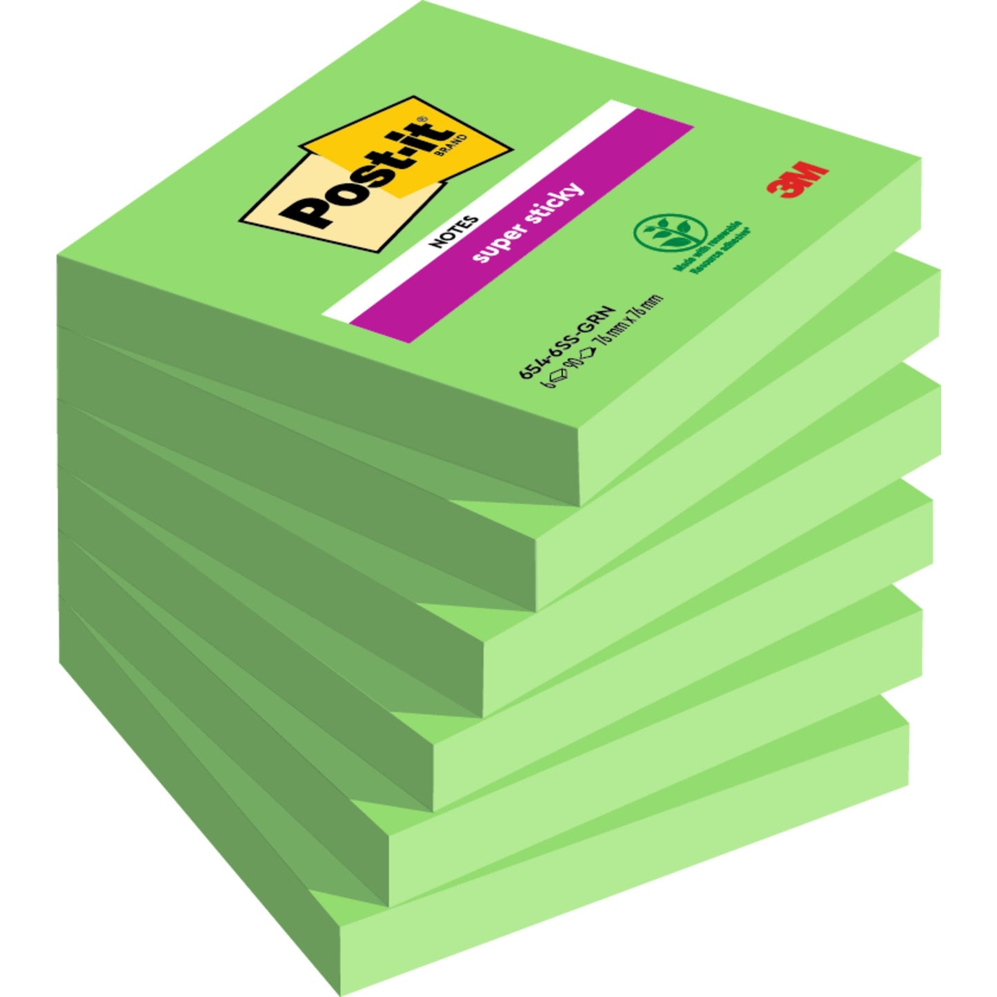 Ein Stapel Post-it® Super Sticky Notes (76 mm x 76 mm, 90 Blatt/Block, 100% PEFC) von 3M Deutschland GmbH, schräg angeordnet, mit dem Etikett des obersten Blocks nach oben.
