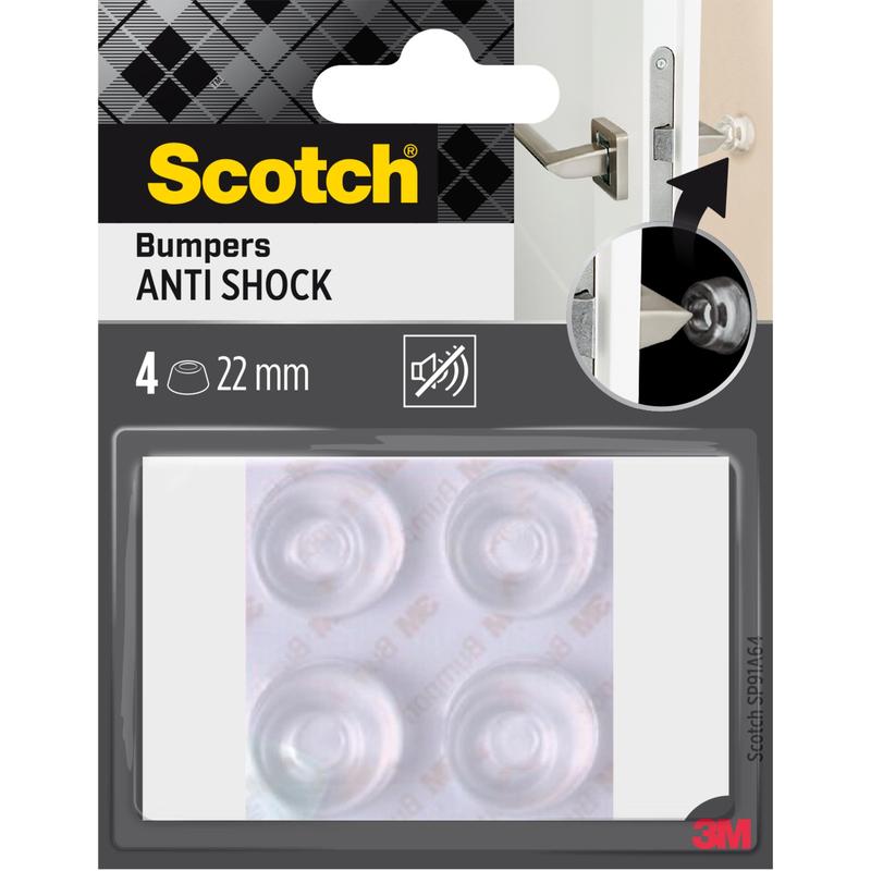 Um pacote com 4 amortecedores elásticos Scotch® para paredes SP91A64 (22 mm, autoadesivo, transparente) da 3M Deutschland GmbH - ideal para proteção de paredes e absorção de impacto. Embalagem com instruções de uso e logotipo da 3M.