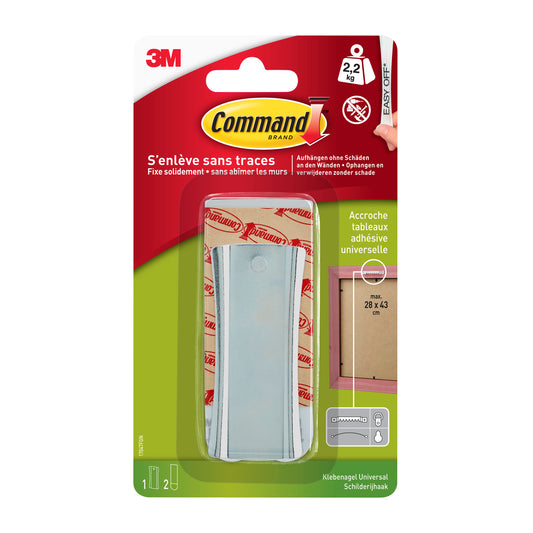 Eine Packung Command™ Universal-Klebenagel 17047 von 3M Deutschland GmbH befestigt Gegenstände rückstandsfrei und trägt bis zu 2,2 kg. Die Verpackung enthält eine französische Anleitung und eine Abbildung des Produkts auf der rechten Seite.