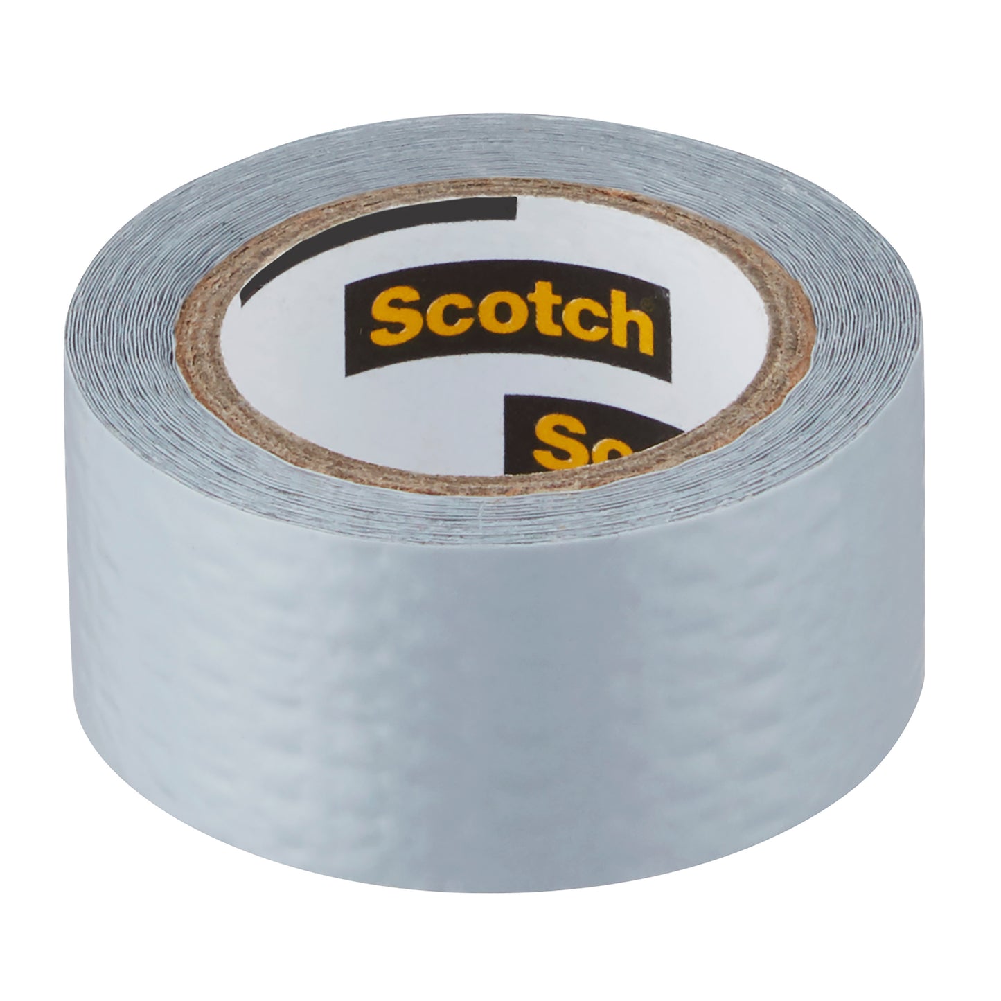 Eine Rolle Scotch® Extremium™ Universal Klebeband, 3 m x 19 mm von 3M Deutschland GmbH, mit strukturierter silberner Oberfläche und sichtbarem "Scotch"-Schriftzug auf dem Pappkern, steht aufrecht auf weißem Untergrund.