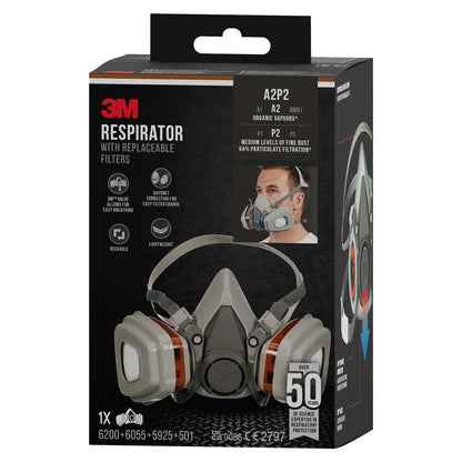 Uma caixa da máscara de proteção respiratória 3M™ 6002KIT-1 da 3M Deutschland GmbH com filtros substituíveis (A2P2, 1x6200, 2x6055, 2x5925, 2x501) para vapores orgânicos - mais de 50 anos de expertise em proteção respiratória.