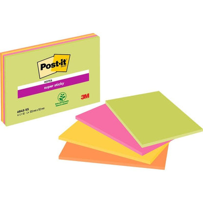 Um pacote de notas para reuniões 3M Post-it® Super Sticky, 4 blocos em várias cores neon (203 mm x 152 mm, 45 folhas cada), é apresentado em forma de leque. A embalagem exibe o rótulo e logotipo PEFC; Produto: SGSCH-PEFC-COC-110078.
