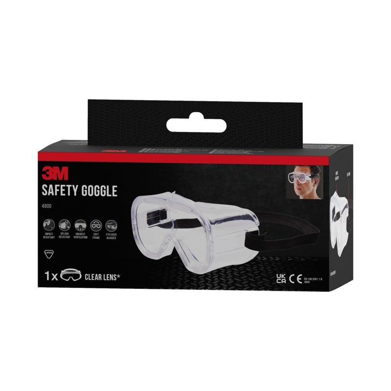 Uma caixa dos óculos de proteção 3M™ Classic 4800 da 3M Deutschland GmbH contém uma lente transparente, uma imagem do produto na frente, símbolos para proteção ventilada indiretamente e uma pequena foto de um usuário de óculos.