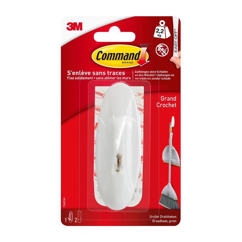 O Command™ Large Drahthaken (17069) da 3M Deutschland GmbH, em embalagem branca com rótulo em francês e alemão, suporta até 2,2 kg, pode ser removido sem deixar resíduos, não danifica paredes e é ilustrado com uma vassoura. Não é necessário furar.