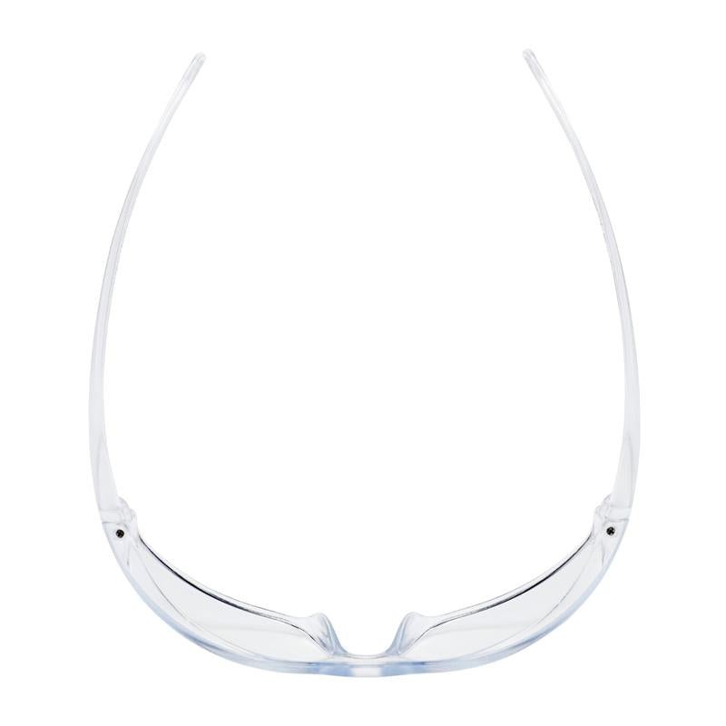 Um par de óculos de proteção 3M™ Virtua™ AP, lente transparente da 3M Deutschland GmbH é mostrado de cima em um fundo branco, com braços curvados e lentes transparentes para proteção ocular ideal.