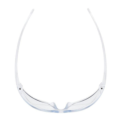 Um par de óculos de proteção 3M™ Virtua™ AP, lente transparente da 3M Deutschland GmbH é mostrado de cima em um fundo branco, com braços curvados e lentes transparentes para proteção ocular ideal.