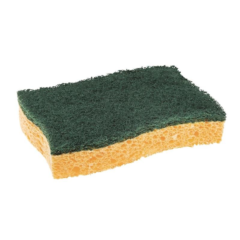 A esponja de limpeza Scotch-Brite® Classic da 3M Deutschland GmbH é uma esponja retangular amarela com uma esponja abrasiva verde, representada isoladamente em fundo branco.