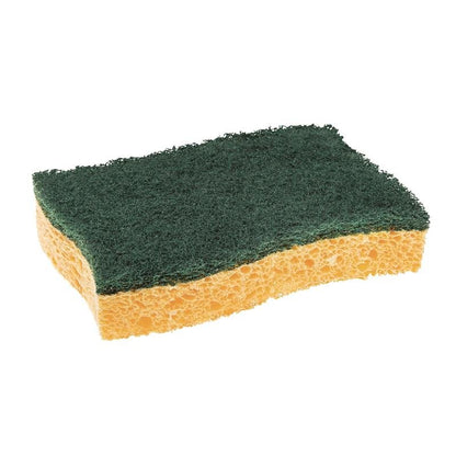 A esponja de limpeza Scotch-Brite® Classic da 3M Deutschland GmbH é uma esponja retangular amarela com uma esponja abrasiva verde, representada isoladamente em fundo branco.