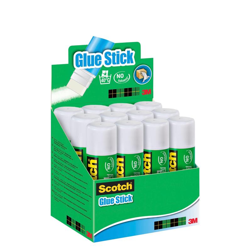 Uma caixa de exibição da 3M Deutschland contém 12 bastões de cola permanente Scotch® de 40 g com tampa branca e rótulo verde. No rótulo azul da caixa está escrito "Bastão de Cola" e no canto inferior direito está o logotipo da 3M.