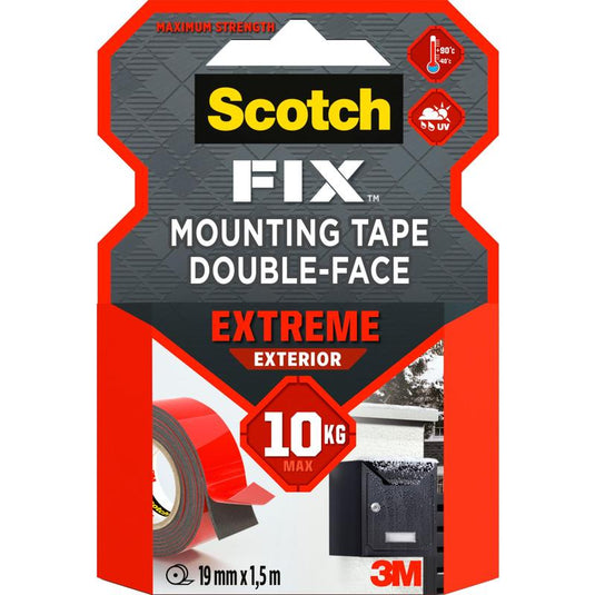 Um pacote de fita de montagem externa dupla face Scotch-FIX™ Extreme da 3M Deutschland GmbH, com máxima resistência, capacidade de carga de 10 kg, resistência UV, tamanho 19 mm x 1,5 m, ideal para uso externo.