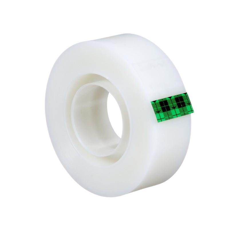 Um rolo de Fita Invisível Scotch® Magic™ da 3M Deutschland GmbH, com uma pequena faixa xadrez verde e preta na borda sobre um fundo branco.