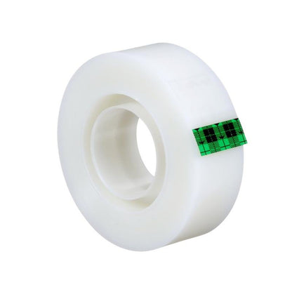 Um rolo de Fita Invisível Scotch® Magic™ da 3M Deutschland GmbH, com uma pequena faixa xadrez verde e preta na borda sobre um fundo branco.