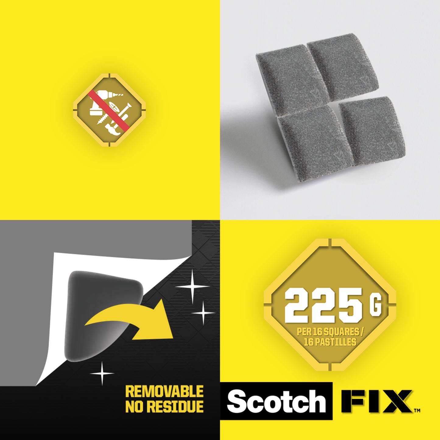 Ein vierteiliges Raster: No-Nails-Symbol, 4 graue Scotch-FIX™ Ablösbare Montagequadrate, eine "REMOVABLE NO RESIDUE"-Klebefolie und das Logo "225G PER 16 SQUARES" - ideal für temporäre Montagen. 3M Deutschland GmbH, 64 Stück/Packung.