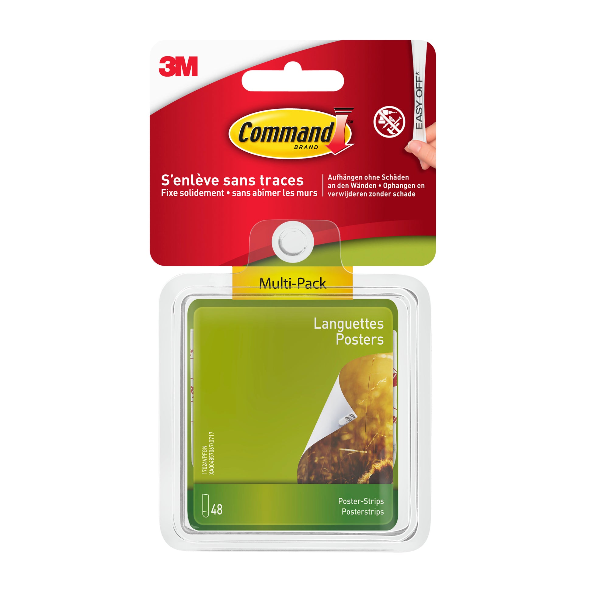 Eine Packung Command™ Poster-Strips im Vorteilspack, 17024-VP (1 Stück) von 3M Deutschland GmbH mit 48 Klebestreifen für Poster, abgebildet in einer durchsichtigen Kunststoffbox mit mehrsprachiger Beschriftung.