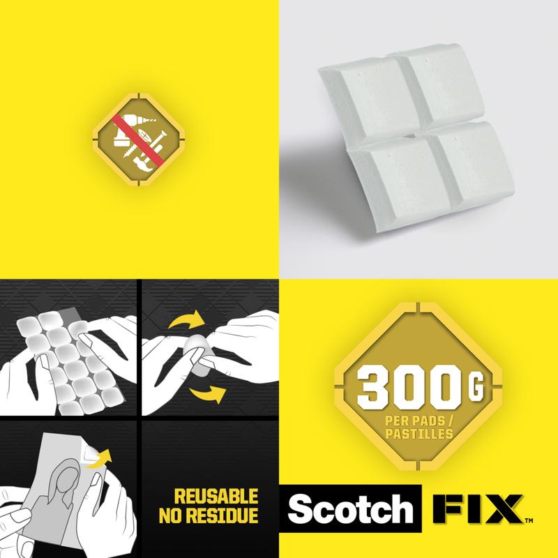 Uma imagem publicitária para Scotch-FIX™ Almofadas Adesivas Removíveis 301008C36-P (11x15mm, 36 unidades/pacote) da 3M Deutschland GmbH mostra almofadas brancas, instruções de uso, uma restrição de peso de 300g e o texto: "reutilizável, sem resíduos, aderência forte.