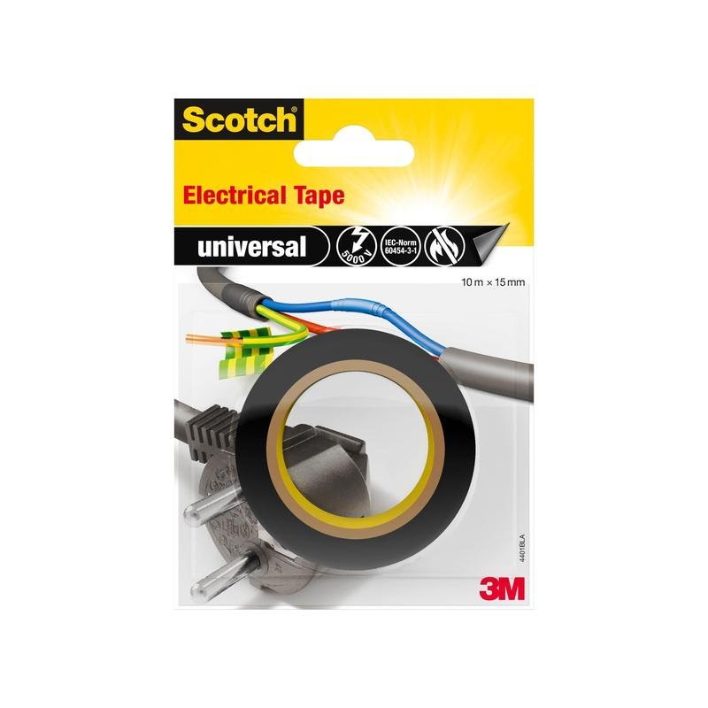 Uma embalagem de fita isolante universal Scotch® (10 m x 15 mm, 1 rolo) da 3M Deutschland GmbH, com um rolo de fita adesiva preta, fios coloridos, uma ficha e o rótulo "universal". O logotipo da 3M aparece no canto inferior direito.