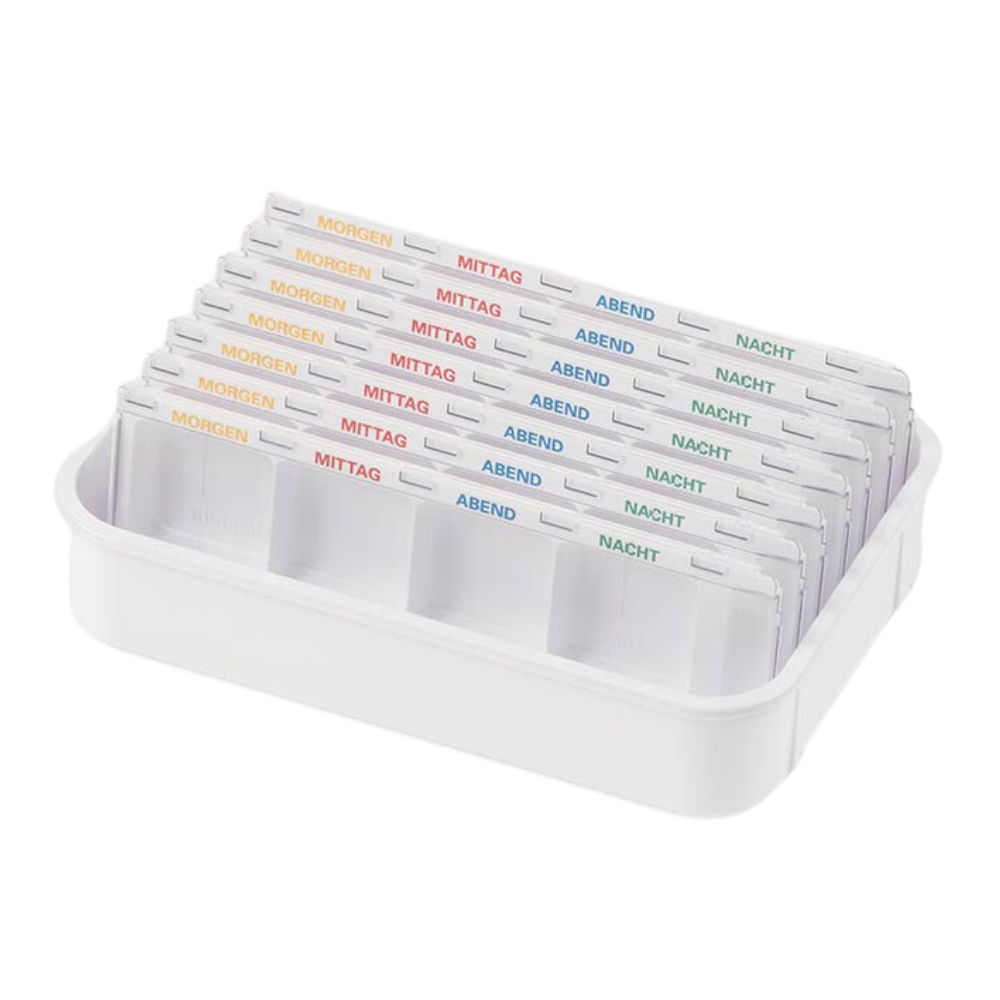 O melipul Dispenser-Tablett 7D-25 da Helmut Schwarz GmbH é um dispensador de comprimidos branco, que possui várias filas de compartimentos, cada um rotulado com as inscrições alemãs "MORGEN", "MITTAG", "ABEND" e "NACHT". As inscrições estão disponíveis em várias cores, o que o torna um dispensador reutilizável prático.