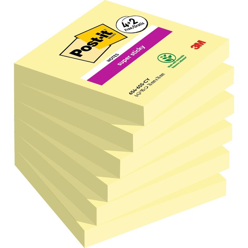 Post-it® Super Sticky Notes, amarelo, 76 mm x 76 mm, promoção, 90 folhas/bloco, 4 blocos + 2 grátis/pacote, 100% PEFC, SGSCH-PEFC-COC-110078 | Pacote (6 peças)