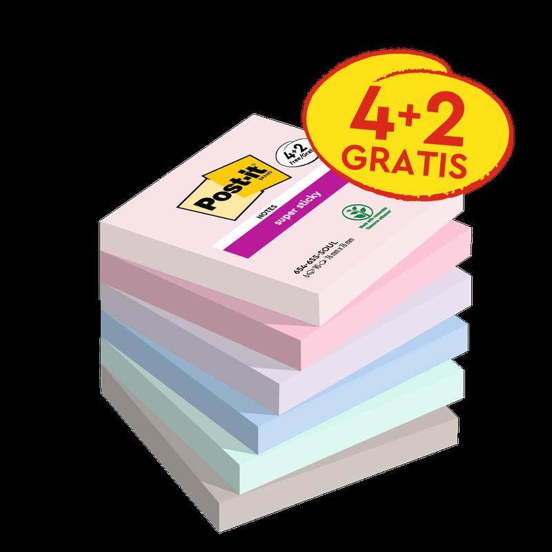 Post-it® Super Sticky Notes, Coleção Soulful, 76 mm x 76 mm, Promoção, 90 folhas/bloco, 4 blocos + 2 grátis/pacote, 100% PEFC, SGSCH-PEFC-COC-110078 | Pacote (6 peças)