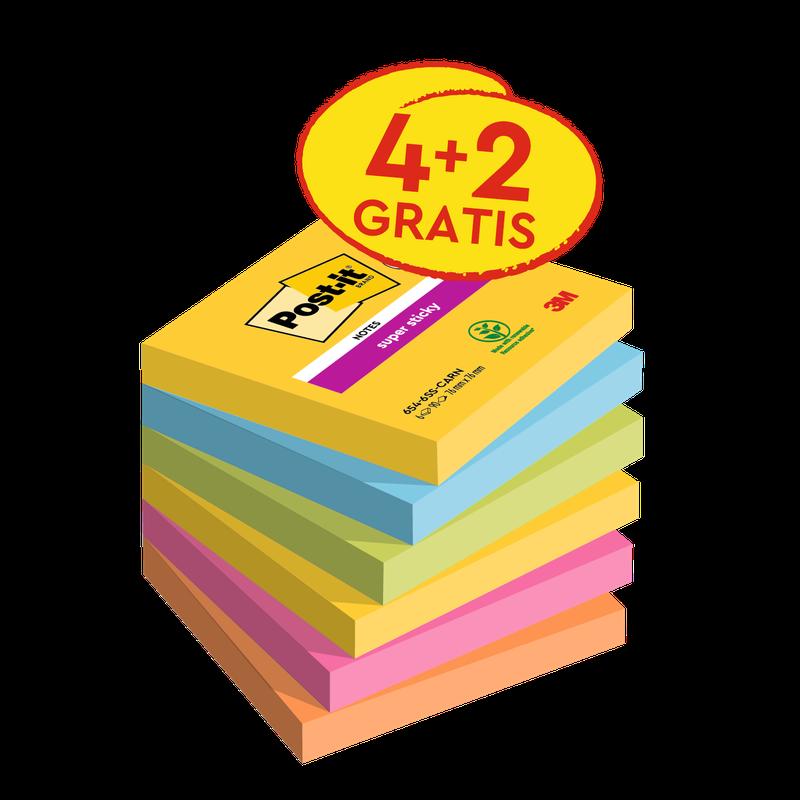 Post-it® Super Sticky Notes, Coleção Carnival, 76 mm x 76 mm, Promoção, 90 folhas/bloco, 4 blocos + 2 grátis/pacote, 100% PEFC, SGSCH-PEFC-COC-110078 | Pacote (6 peças)