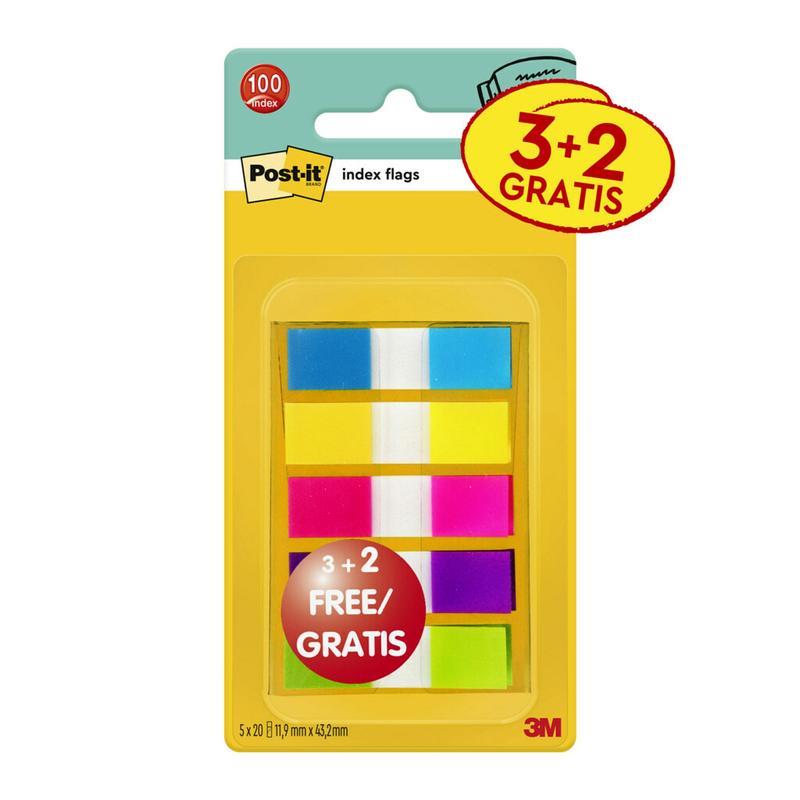 Tiras Adesivas Post-it® Index, Mini, Cores Sortidas, 11,9 mm x 43,2 mm, Promoção, 60 Tiras Adesivas + 40 Grátis/Dispensador, 1 Dispensador/Pacote | Pacote (5 peças)
