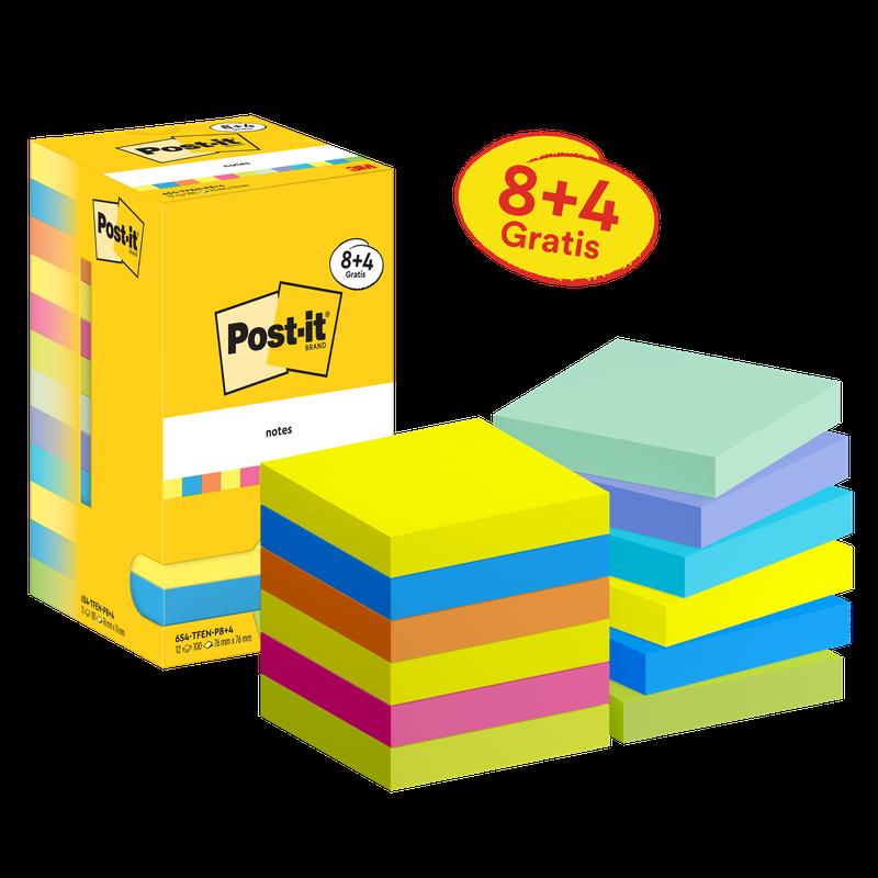 Notas Post-it®, coleção energética, 76 mm x 76 mm, promoção, 90 folhas/bloco, 8 blocos + 4 grátis/pacote, embalagem de papelão, 100% PEFC, SGSCH-PEFC-COC-110078 | Pacote (12 peças)