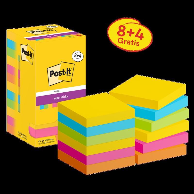 Post-it® Super Sticky Notes, Coleção Carnival, 76mm x 76mm, Promoção, 90 Folhas/Bloco, 8 Blocos + 4 Grátis/Pacote, Embalagem de Cartão, 100% PEFC, SGSCH-PEFC-COC-110078 | Pacote (12 peças)
