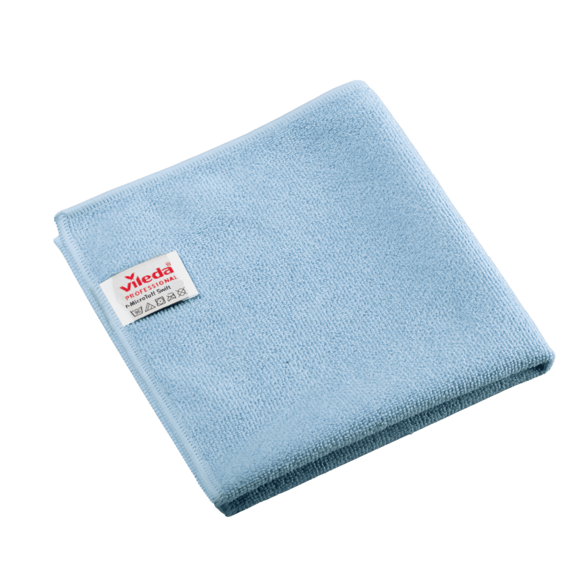 Pano de microfibra azul dobrado da Vileda Professional r-MicroTuff Swift, com uma etiqueta branca cosida que apresenta o nome da marca e os símbolos de manutenção.