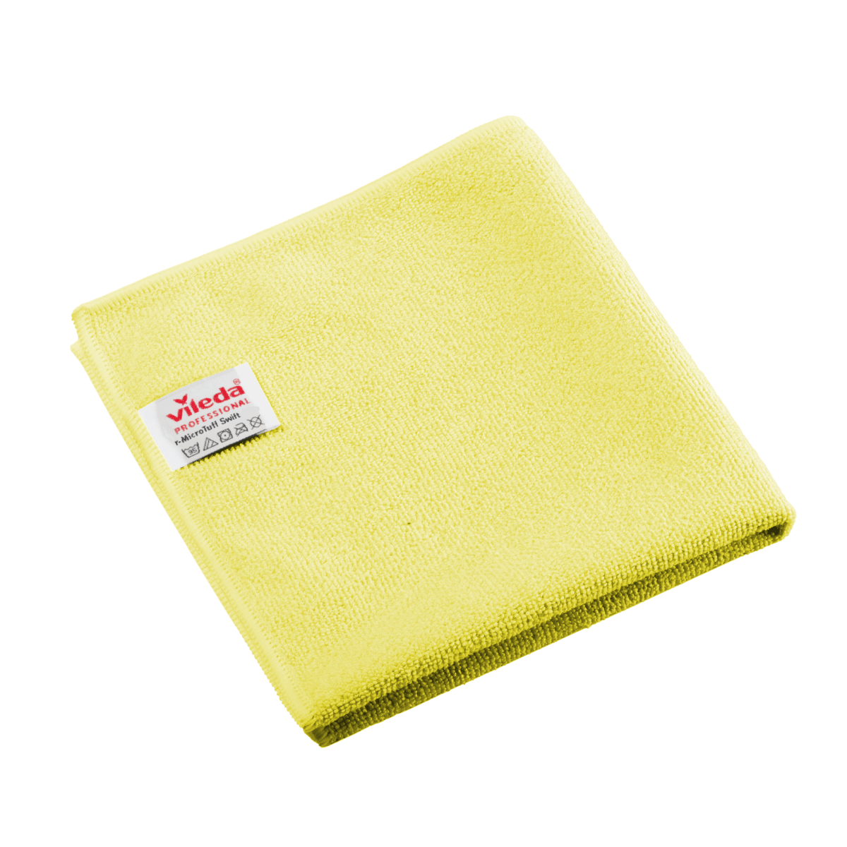 Pano de microfibra Vileda Professional r-MicroTuff Swift amarelo, dobrado, com etiqueta branca cosida.