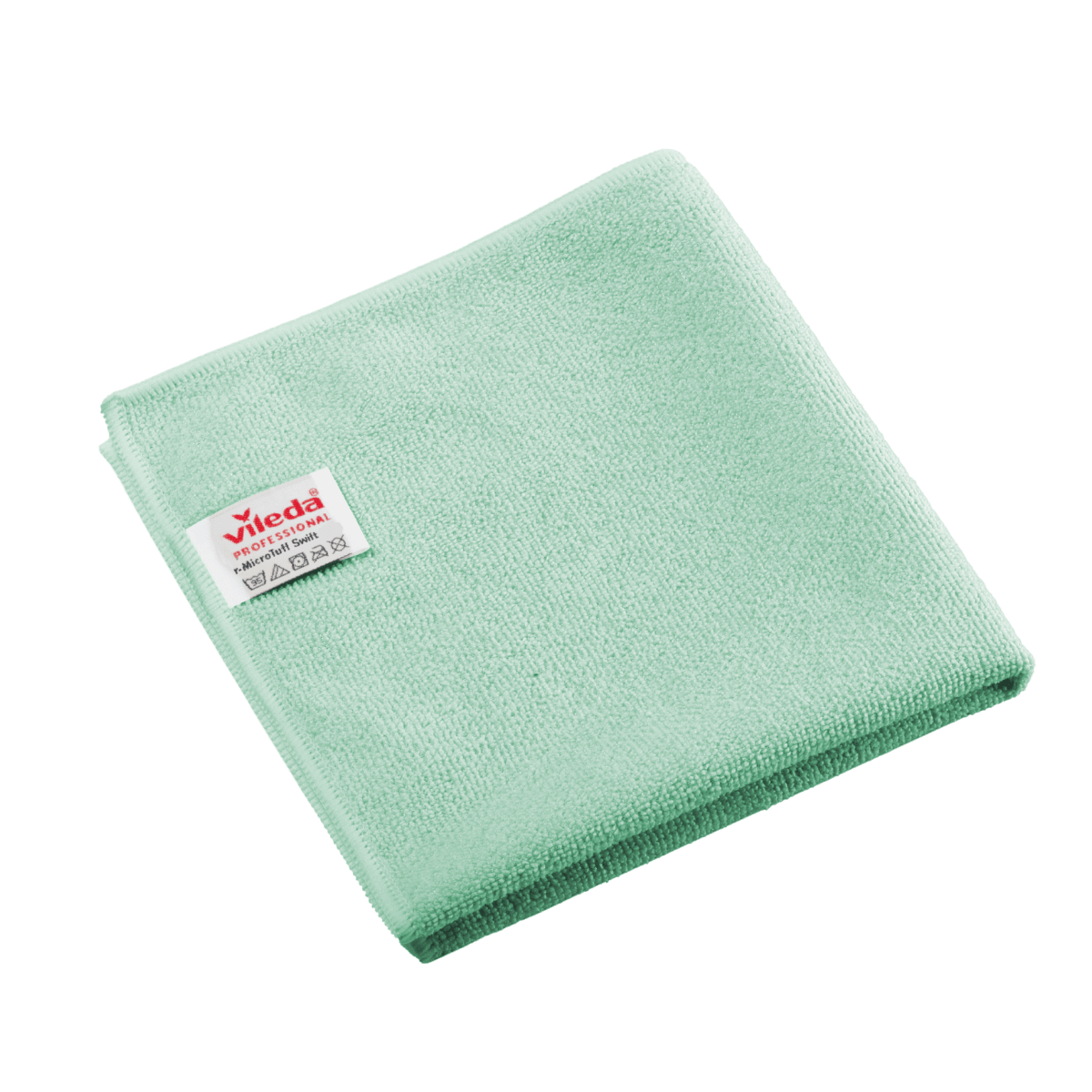 Pano de microfibra verde dobrado da Vileda Professional r-MicroTuff Swift, com etiqueta branca cosida.