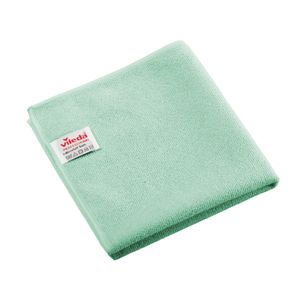 Pano de microfibra verde dobrado da Vileda Professional r-MicroTuff Swift, com etiqueta branca cosida.