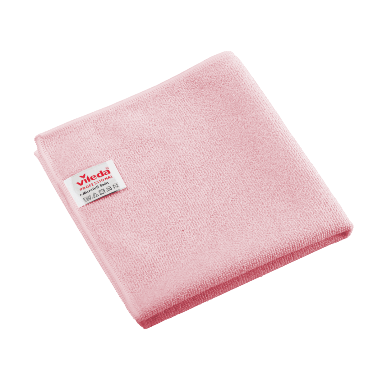 Pano de microfibra vermelho dobrado da Vileda Professional r-MicroTuff Swift, com etiqueta branca cosida.