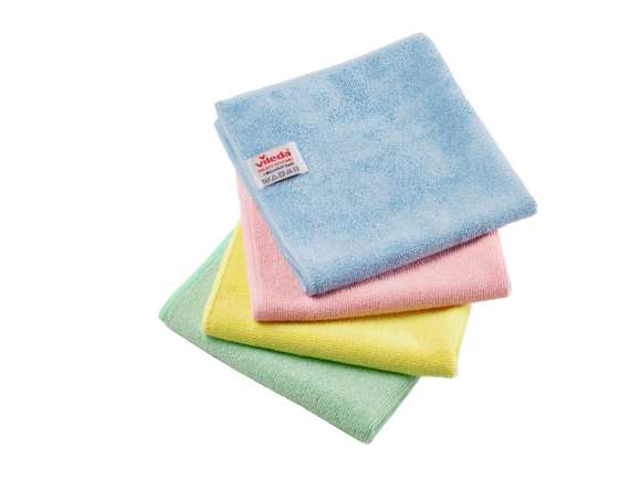 Quatro panos de microfibra Vileda Professional r-MicroTuff Swift empilhados, nas cores azul, vermelho, amarelo e verde.