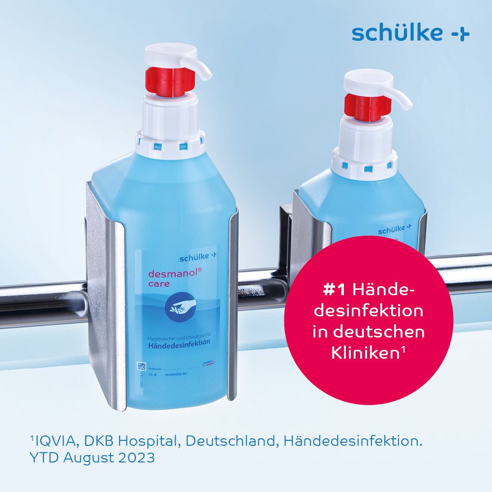 Duas garrafas de desinfetante para mãos Schülke desmanol® care da Schülke & Mayr GmbH estão fixadas em suportes de metal em uma parede. Um círculo vermelho contém o texto “#1 Desinfetante para mãos em clínicas alemãs¹”. O texto abaixo fornece o contexto dos dados: “IQVIA, DKB Hospital, Alemanha, Desinfecção das mãos. YTD Agosto 2023”.