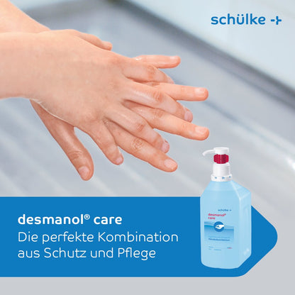 Uma lavagem de mãos com uma bomba e líquido com desinfetante para mãos Schülke desmanol® care da Schülke & Mayr GmbH.