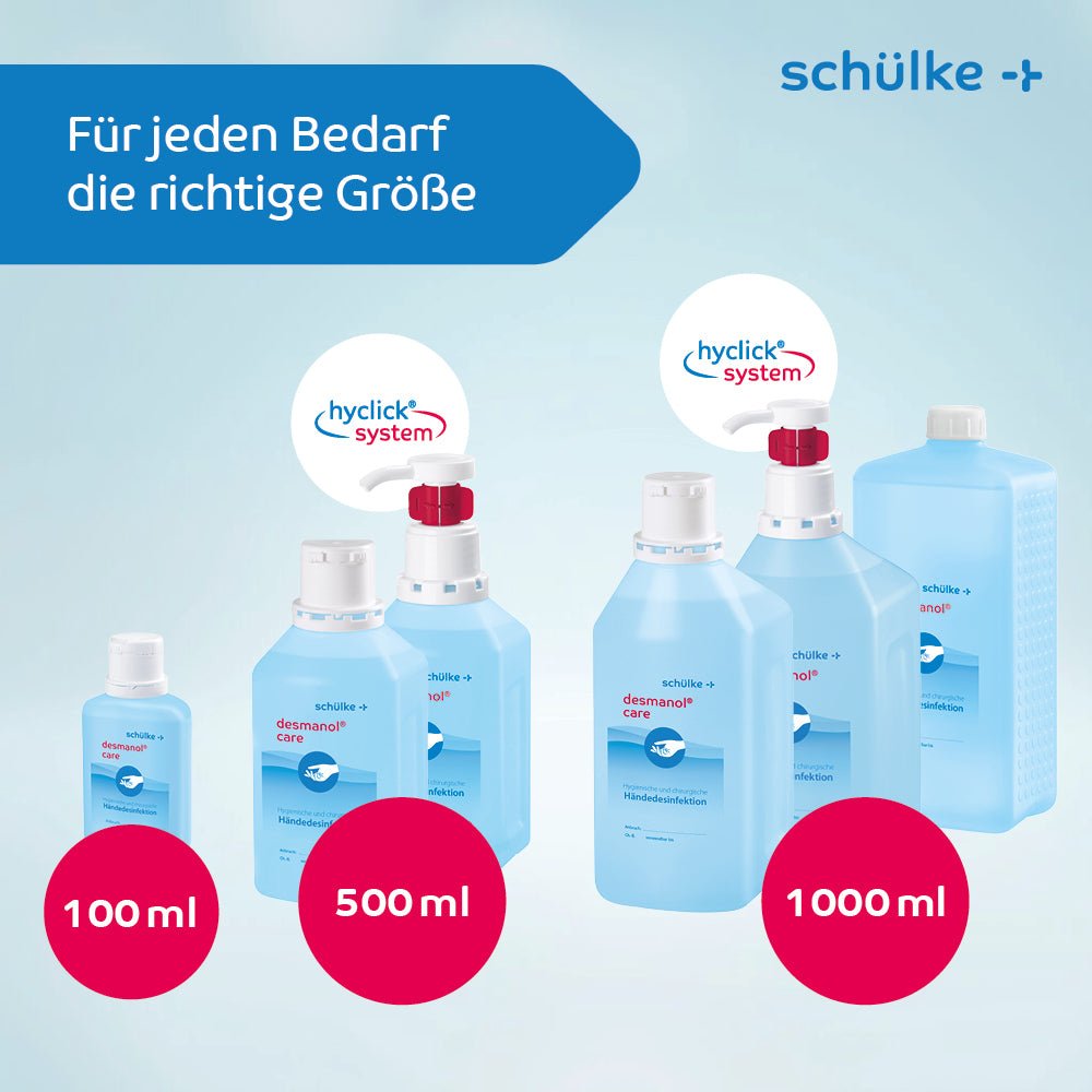 Um grupo de garrafas plásticas com rótulos vermelho e branco oferece desinfetante para mãos Schülke desmanol® care da Schülke & Mayr GmbH.