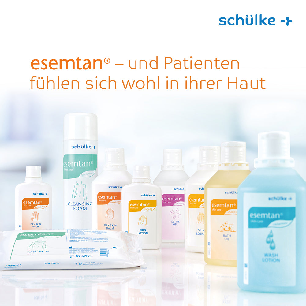 Item descontinuado: Schülke esemtan® loção de lavagem para cuidados com a pele 1 litro hyclick (garrafa, 1 l) da Schülke & Mayr GmbH é exibida sobre um fundo claro com o logotipo da Schülke e texto em alemão acima.