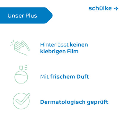 Eine Grafik mit drei Icons und deutschem Text listet die Vorteile des Schülke Esemtan®-Reinigungsschaums auf: keine klebrigen Rückstände, frischer Duft, dermatologisch getestet. Blaue Überschrift "Unser Plus" (oben links), "schülke +" (oben rechts). Ideal zur Reinigung der Haut.