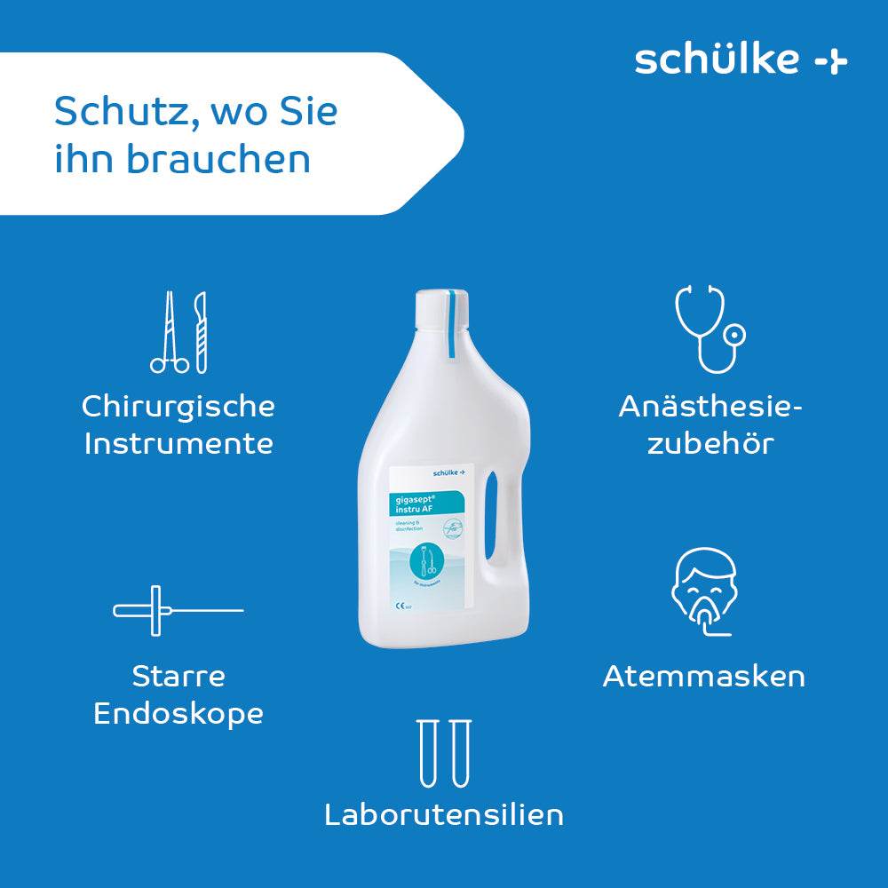Uma imagem de uma garrafa branca de Schülke gigasept® instru AF desinfecção de instrumentos (sem aldeído) com a marca "Schülke & Mayr GmbH" sobre um fundo azul. Ao redor da garrafa há símbolos para instrumentos cirúrgicos, acessórios de anestesia, máscaras respiratórias, endoscópios rígidos e utensílios de laboratório. O texto diz "Proteção onde você precisa." Limpeza de endoscópios facilitada.