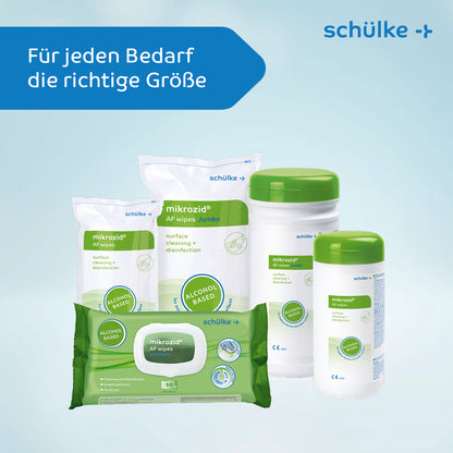 É apresentada uma coleção de produtos de limpeza e desinfeção de superfícies da Schülke & Mayr GmbH. Os produtos médicos incluem toalhetes Schülke mikrozid® AF wipes, toalhetes desinfetantes e sprays em diferentes tamanhos e formatos, todos destacados com rótulos verdes. O texto diz: "Para cada necessidade, o tamanho certo."