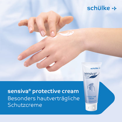 Aplica-se a Schülke sensiva® Creme de Proteção para a Pele das mãos a partir do frasco de 100 ml nas costas das mãos. A formulação de água em óleo é caracterizada pela compatibilidade com a pele e proteção contra irritações cutâneas. Na embalagem, há um texto em alemão.