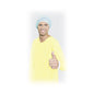 Uma pessoa em um avental Meditrade BeeSana® PP/PE amarelo XL (26 g, da Meditrade GmbH) e uma touca azul sorri e faz um sinal de positivo. O fundo é de cor branca sólida com uma borda suavemente desbotada ao redor da figura.